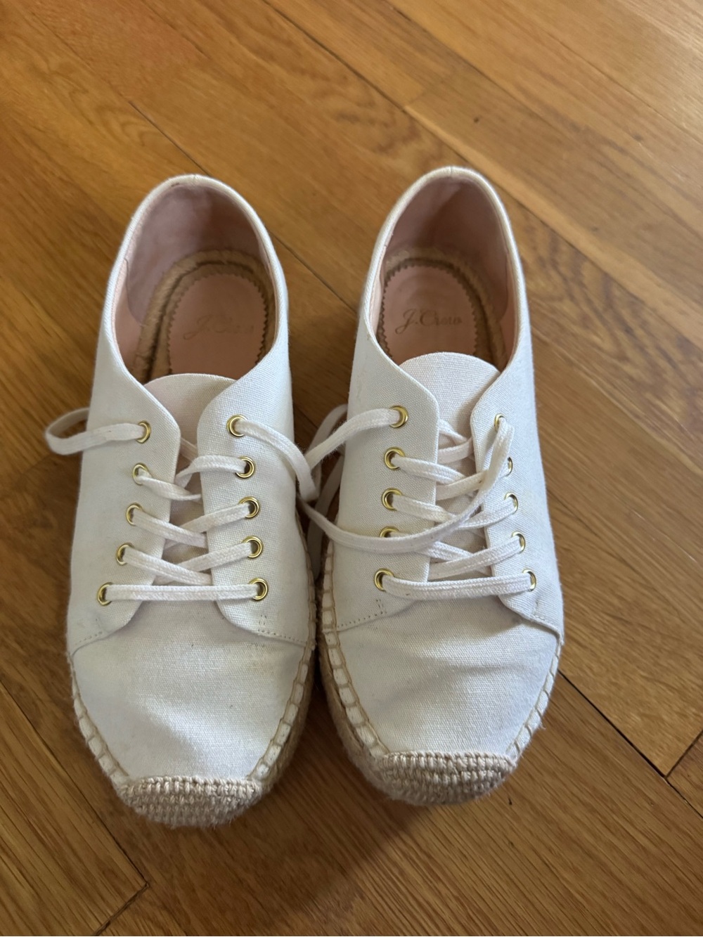 J. Crew Cream Canvas Lace-Up Espadrilles with Gold Eyelets